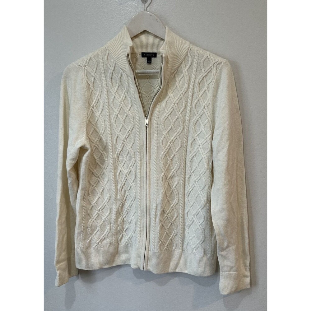 Talbots Wool Blend Cable Knit Zip Up Cardigan Beige Size Large